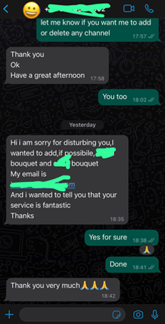 WhatsApp conversation with a TVStorm subscriber requesting extra channel bouquets