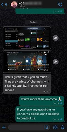 WhatsApp chat showing a TVStorm customer confirming full HD channel variety