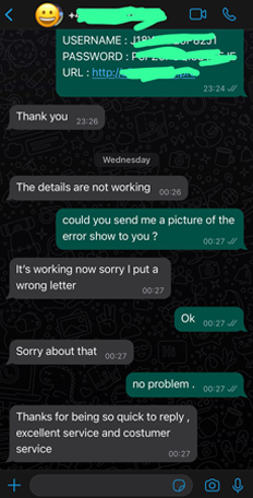 WhatsApp support thread where a TVStorm technician resolves a login typo in minutes
